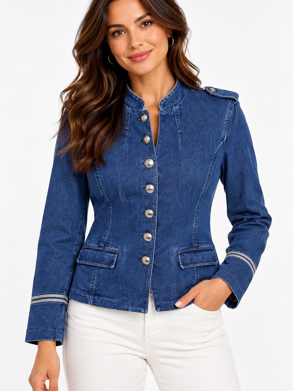 Lauren Ralph Lauren Women’s 14 Blue Denim Military Band Jacket Silver Buttons